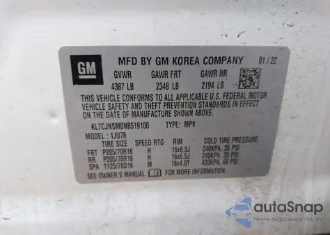 2022 Chevrolet Trax Awd Ls z USA, uszkodzony, nr VIN KL7CJNSM0NB519100